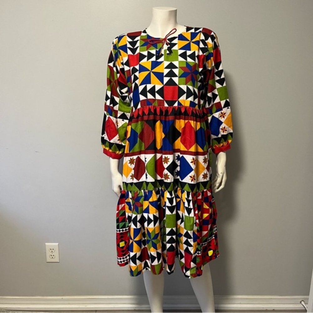 Hand Crafted Bold Bright Multicolor Patchwork Printed Summer Dress One size